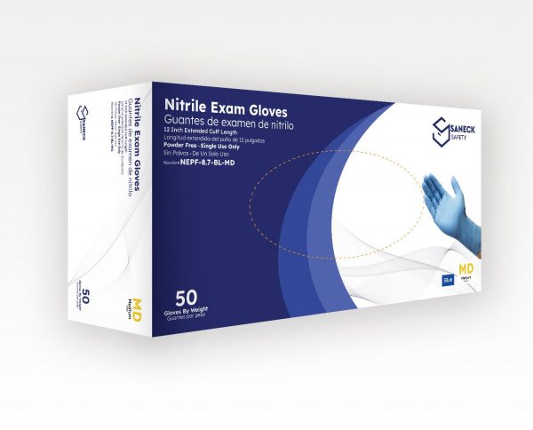 8.7 mil Blue Nitrile Chemo Exam Gloves with 12" Cuffs by Saneck Safety